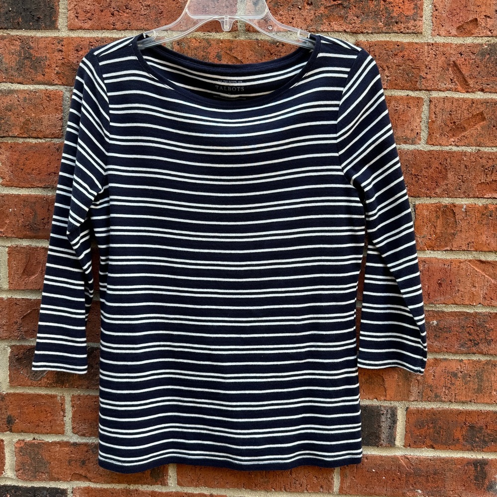 Talbots Blue & White Stripe 3/4 Sleeve Cotton Top
